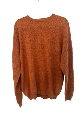 Kinross Cashmere Luxe Cable Crewneck Sweater in a burnt pumpkin orange shade L